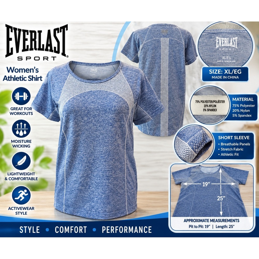 Everlast Sport Womens Athletic Shirt XL Blue Short Sleeve Workout Top 3815